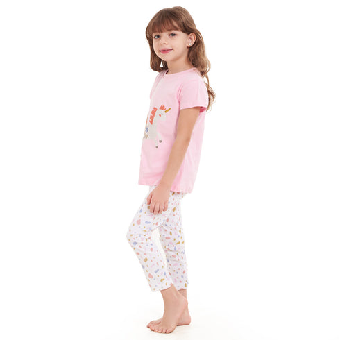 Girls summer pajama set Magical Unicorn t-shirt + White leggings